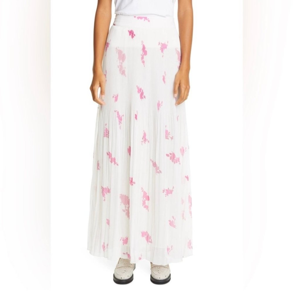 Ganni White Maxi Skirt with Pink Floral Print